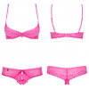 Alabastra Set s krajkou v neonově růžové barvě. Podprsenka je s kosticemi pro lepší držení prsou. Kalhotky mají bedrový střih a otevřený rozkrok.