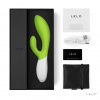 Světle zelený vibrátor Lelo Ina 2 Lime Green v balení, ve kterém najdete také USB kabel, pouzdro a návod.