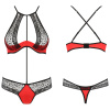 Scarlet Bikini červený krajkový set tvoří podprsenková část a tanga spojené tenkým páskem procházejícím středem těla.