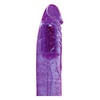 Detail na ohebnou špičku fialovo-průhledného žilnatého penisu Spangly Glitte s vibračním vajíčkem pro lepší stimulaci bodu G.