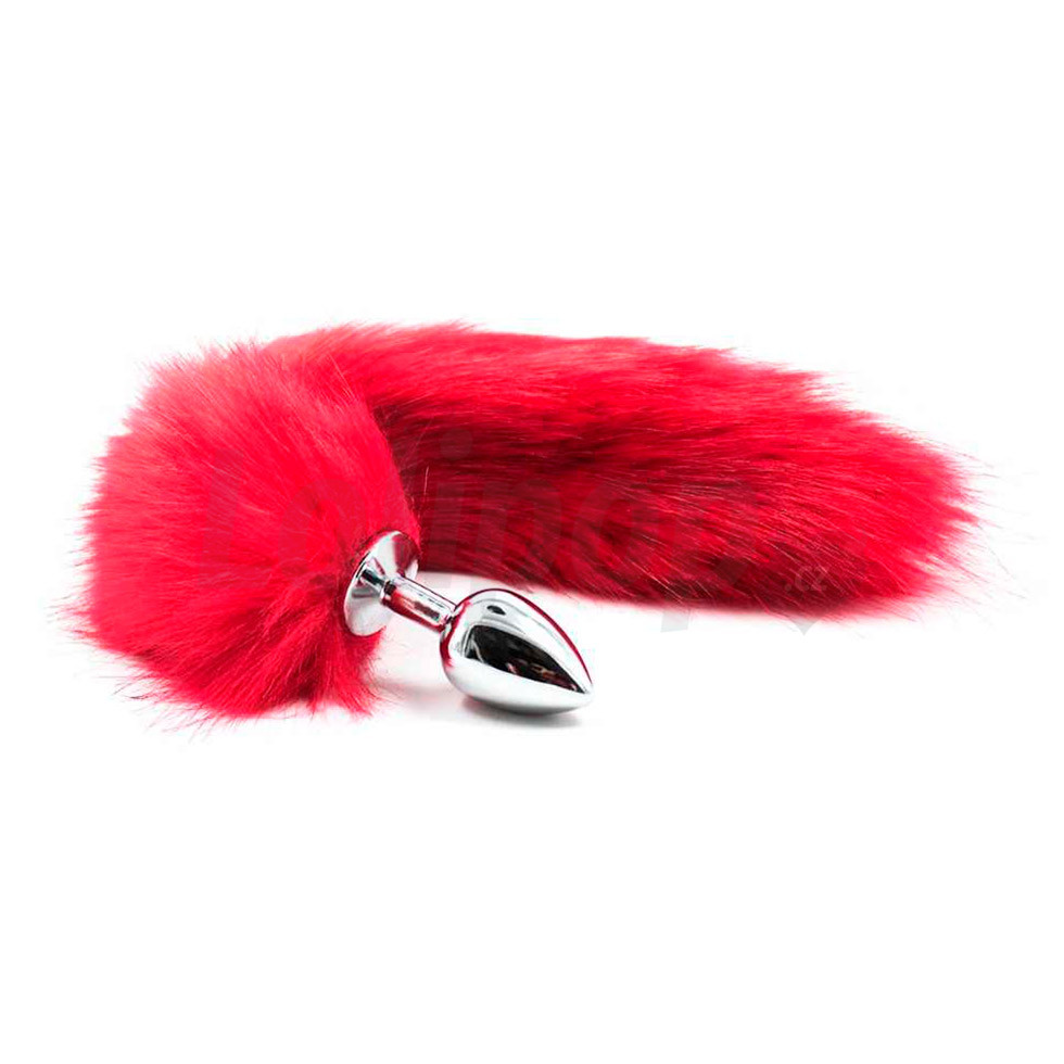 Levně Malý kovový anální kolík s dlouhým liščím ocáskem červený