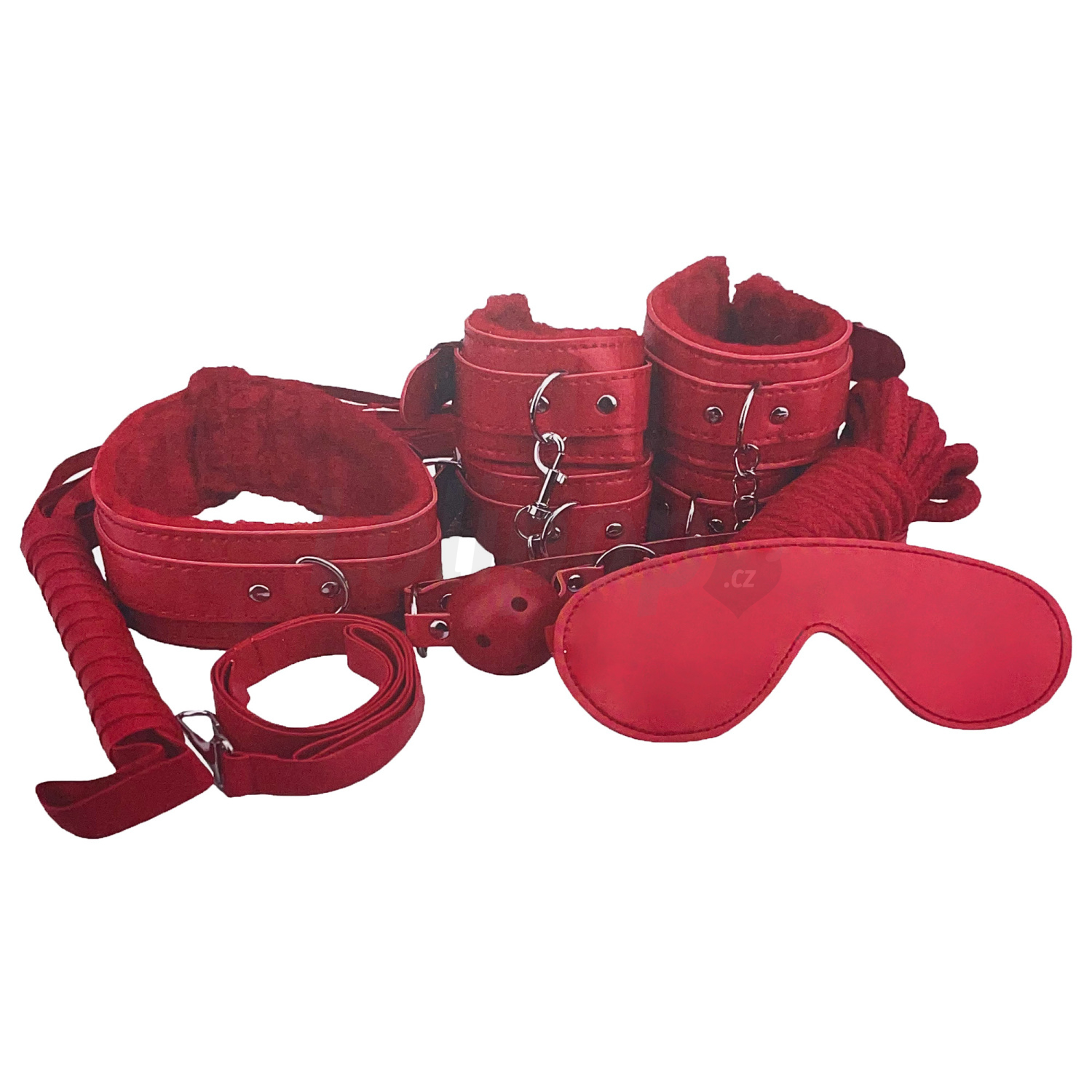 Levně 8-dílný červený BDSM kit s kožešinkou