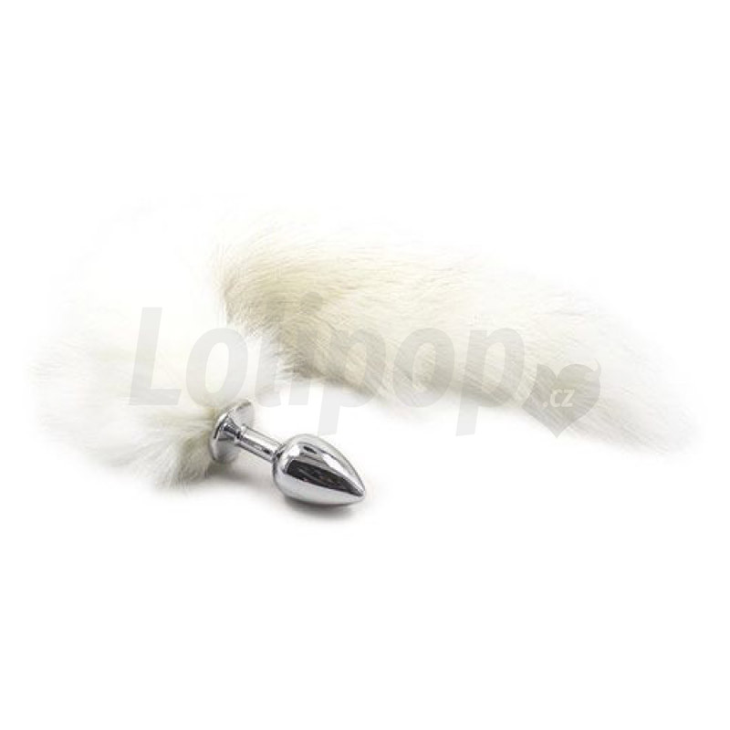 Levně Malý kovový anální kolík s dlouhým liščím ocáskem bílý