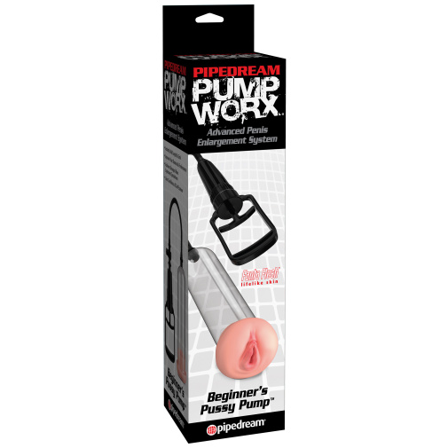 V balení vakuová pumpa pro tenčí penis s masturbátorem ve tvaru vaginy a dvěma manžetami - Pump Worx Beginner's Pussy.