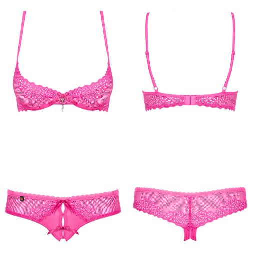 Alabastra Set s krajkou v neonově růžové barvě. Podprsenka je s kosticemi pro lepší držení prsou. Kalhotky mají bedrový střih a otevřený rozkrok.