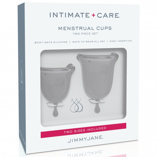 Balení Jimmy Jane obsahuje 2 ks menstruačních kalíšků s různým objemem a uzavíratelné pouzdro pro jejich uskladnění. 