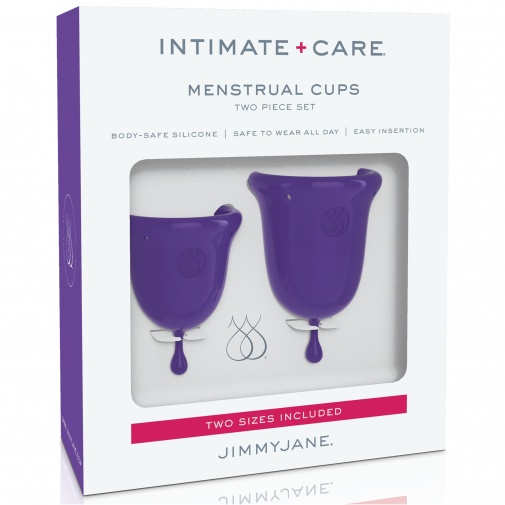 Balení Jimmy Jane obsahuje 2 ks menstruačních kalíšků s různým objemem a uzavíratelné pouzdro pro jejich uskladnění. 
