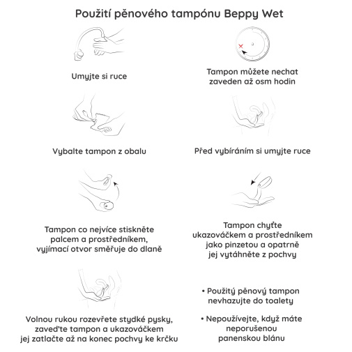 Návod k zavedení a vyjmutí vlhčeného menstruačního tampónu na sex – Beppy Wet.