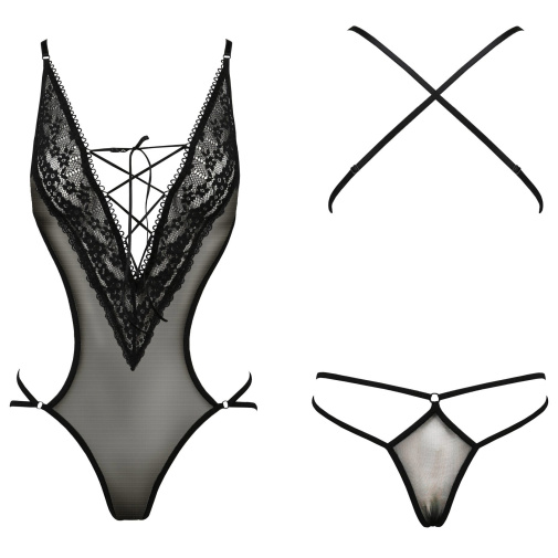Černé pružné body Erza má vázání mezi prsy, nastavitelná ramínka a sexy rafinovanou zadní část.