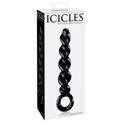 Icicles no. 39 - černé spirálovité skleněné dildo v balení.