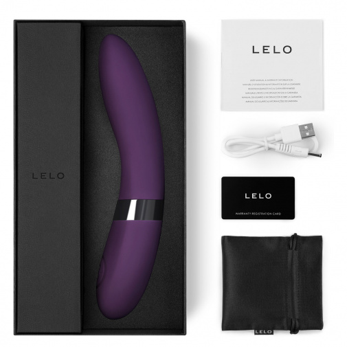 V balení najdete vibrátor Lelo Elise 2, USB kabel, návod, neprůsvitné pouzdro a kartu originality.