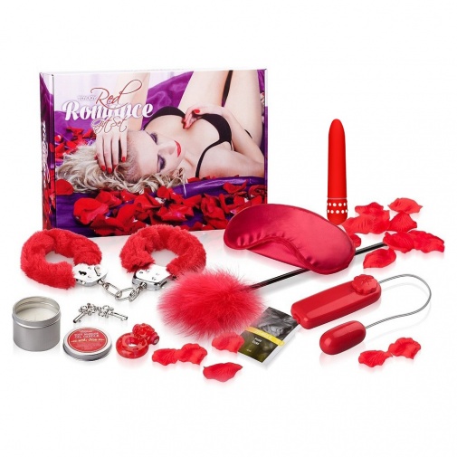 Sada erotických pomůcek v červené barvě s lupeny květin pro milostné chvíle pro ni a pro něj Red Romance Gift set.