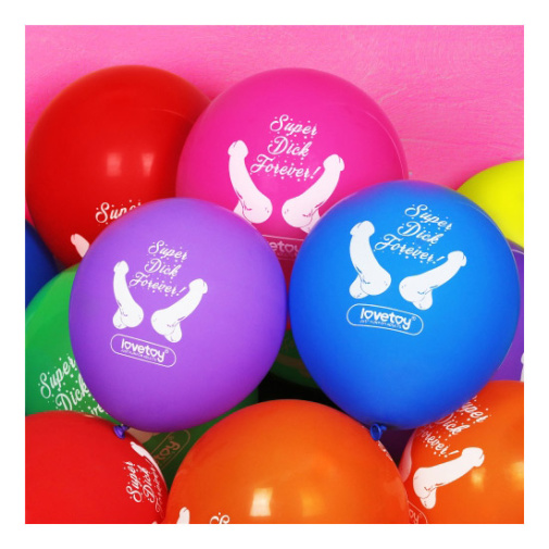 Balení 7 různě barevných balónků s erotickým motivem Super Dick Forever!