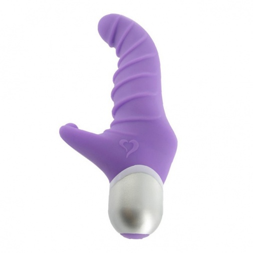 Fialový vibrátor Fonzie se zakřivenou špičkou a výstupkem na stimulaci klitorisu.