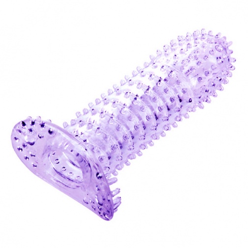 Flexibilní návlek na penis s množstvím výstupků na povrchu ve fialovo-průsvitné variantě.