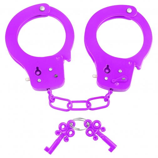 Neonově fialová kovová pouta s bezpečnostní pojistkou a dvěma klíčky - Neon Fun Cuffs.