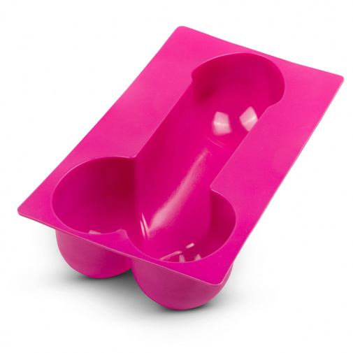 Růžová silikonová forma na pečení nebo led ve tvaru obřího penisu.