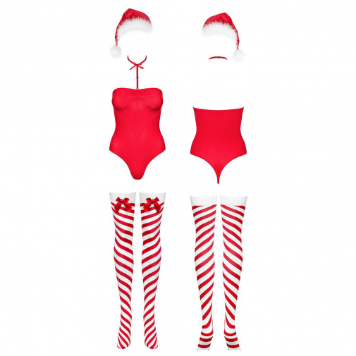 Kissmas Teddy červeno-bílý set tvoří body, čepice, podvazkové punčochy a choker.