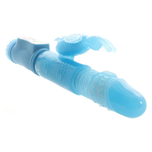 Modrý vibrátor Firefly Lola se stimulátorem klitorisu a přirážením, svítící ve tmě.