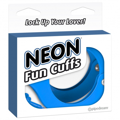 Balení pevných kovových pout Neon Fun Cuffs v neonově modré variantě s dvěma klíči k odemknutí.