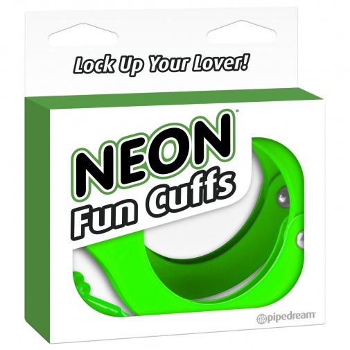 Balení pevných kovových pout Neon Fun Cuffs v neonově zelené barvě s dvěma klíči k odemknutí.