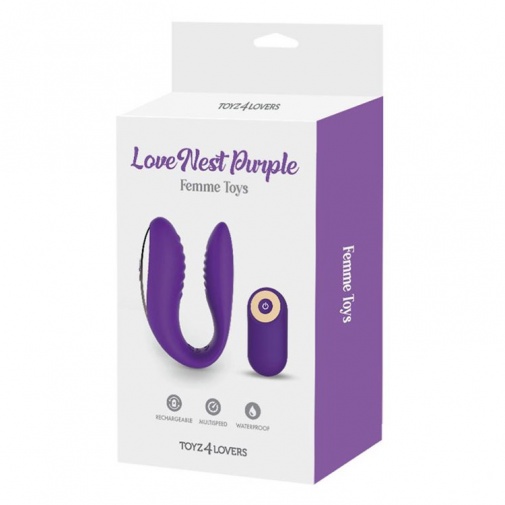 Balení fialového silikonového vibrátoru pro páry Love Nest s bezdrátovým dálkovým ovladačem.