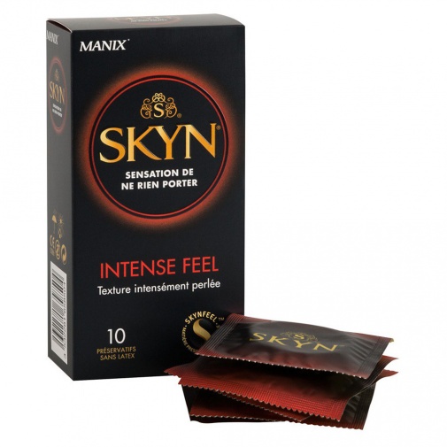 Tenké vroubkované bezlatexové kondomy Manix Skyn Intense Feel. Balení obsahuje 10 ks.