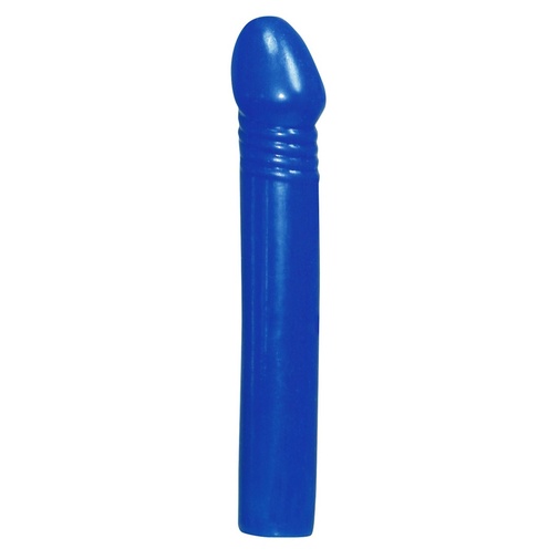 Anální vibrátor s hladkým povrchem a výrazným žaludem v modré barvě. Součástí balení je návlek na vibrátor k vaginální stimulaci.