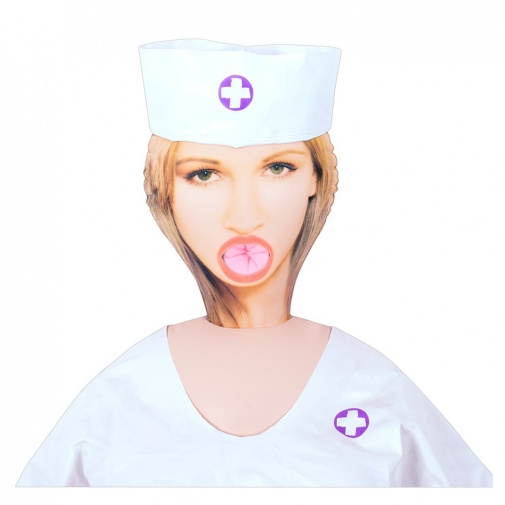 Realisticky natisknutá tvář a obleček sestřičky nafukovací panny My Perfect Nurse.