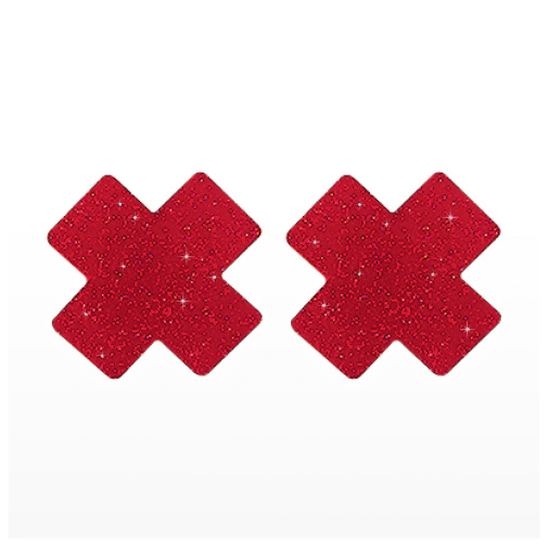 Červené nálepky na bradavky ve tvaru X.