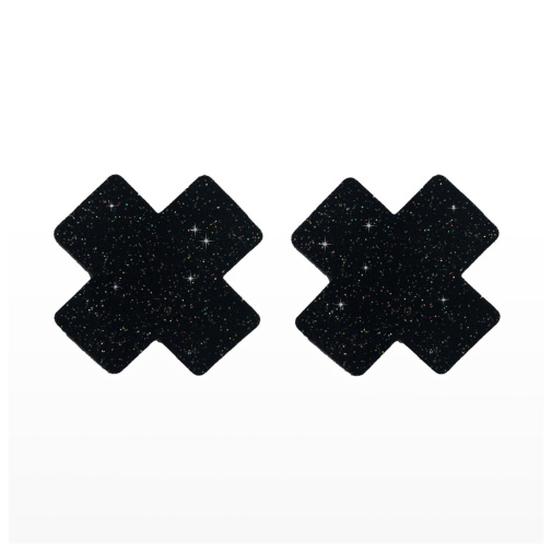 Černé nálepky na bradavky ve tvaru X.