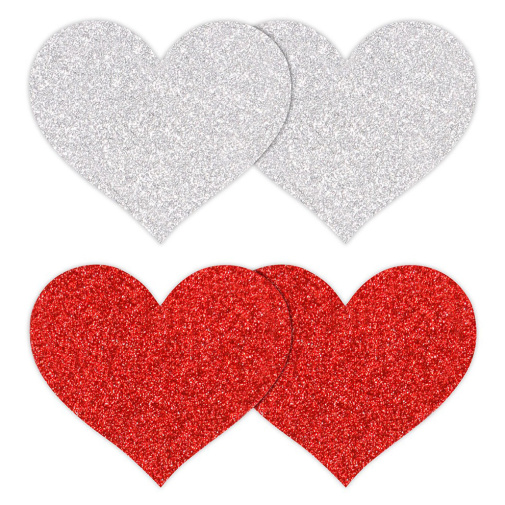 Nálepky na bradavky ve tvaru srdce červené a stříbrné 4 ks.