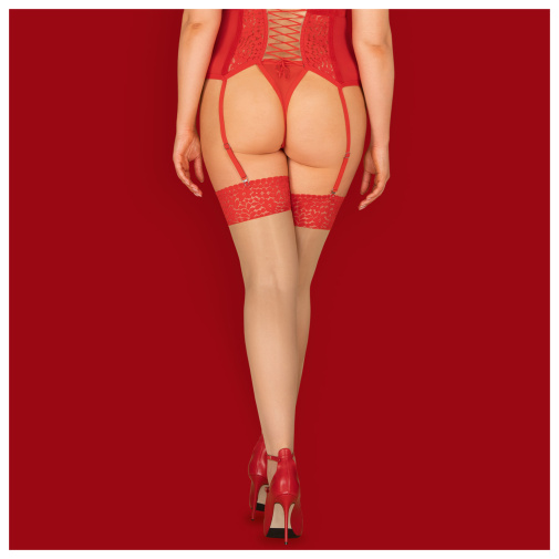 Luxusní červené podvazkové punčochy s krajkou a jemně se lesknoucím lookem – Blossmina.