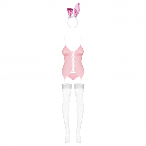 Set růžového erotického prádla Obsessive tvoří košilka s podvazkovými pásy, kalhotky, síťované punčochy a čelenka s oušky.