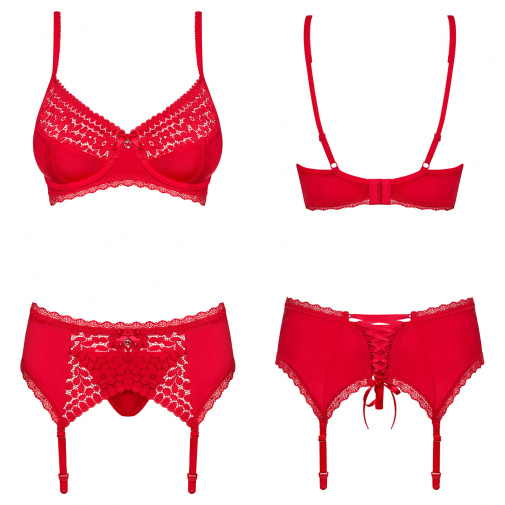 Sada erotického prádla Jolierose je tvořena červenou podprsenkou, podvazkovým pásem a tangama.