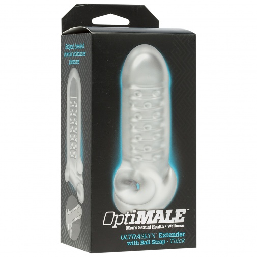 Balení průhledného návleku na penis s otvorem na varlata - OptiMALE Extender Thick.