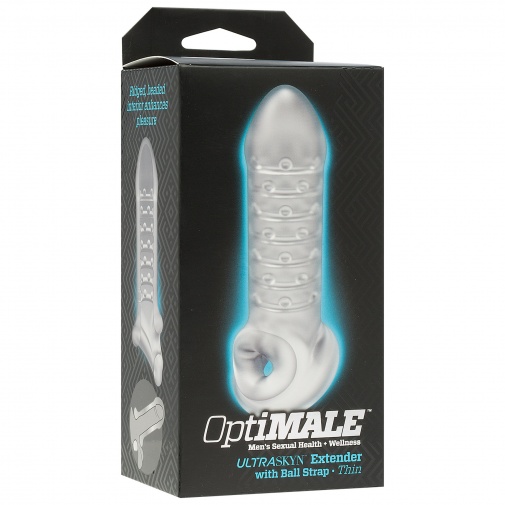 Balení průhledného návleku na penis s otvorem na varlata - OptiMALE Extender Thin.