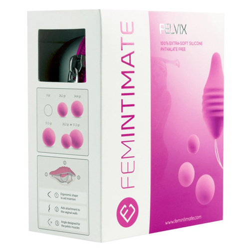 Vibrační vaginální vajíčko Pelvix se třemi závažími a praktickým pouzdrem v balení.