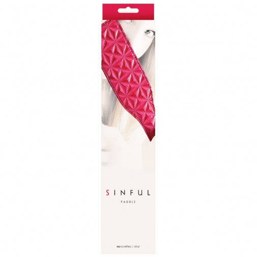 Luxusní designová růžová plácačka Sinful Paddle v balení.