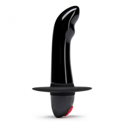 Menší vibrační stimulátor prostaty Quest v černé barvě s jemně zakřivenou špičkou a velkým prstencem proti úplnému vniknutí, vhodný zejména pro začátečníky.