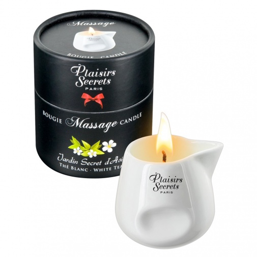 Vonná svíčka s aroma bílého čaje a voskem určeným na masáž od značky Plaisir Secret.