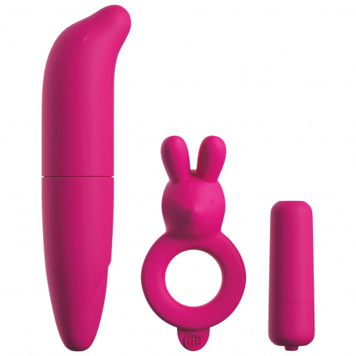 Začátečnická menší sada v růžové barvě s vibrátorem, vibračním vajíčkem a erekčním kroužkem.
