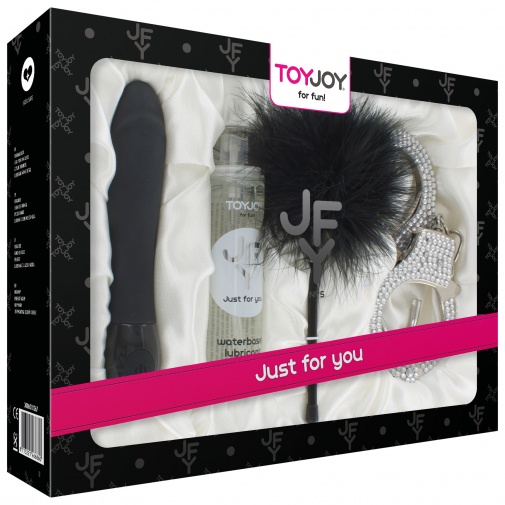 Elegantní černá erotická sada pro ženy Just For You Luxe Box No. 5 s vibrátorem, pírkem na lechtání, pouty a lubrikačním gelem v balení.