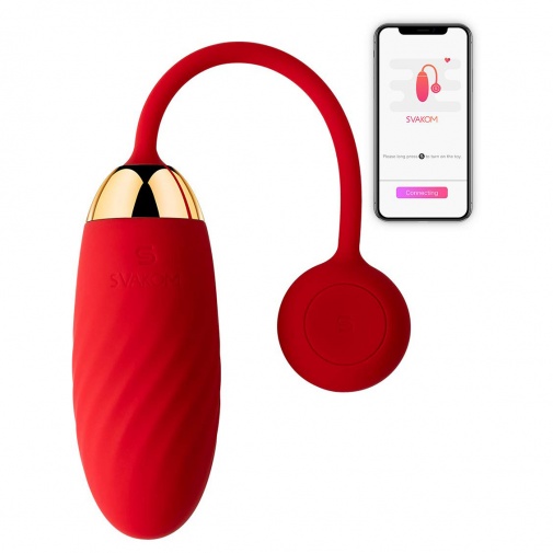 Luxusní vibrační vajíčko Svakom Ella červené barvy z prvotřídního silikonu s nabíjecím a vodotěsným motorkem s ovládáním přes mobilní aplikaci.