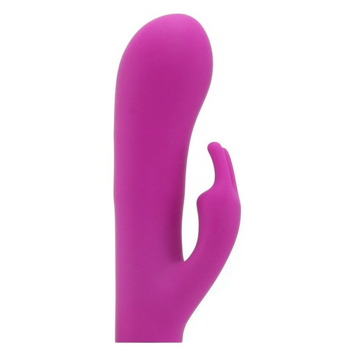 Pohled na kvalitní menší silikonový vibrátor se stimulátorem klitorisu s hedvábným povrchem v růžové barvě - Deluxe Bunny.