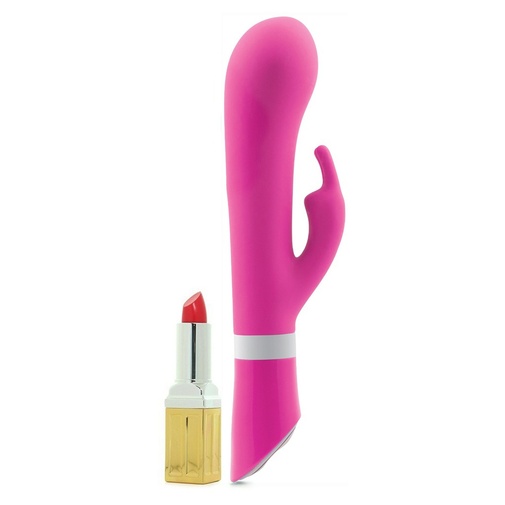 Růžový vibrátor se stimulátorem klitorisu Deluxe Bunny ve srovnání s rtěnkou.