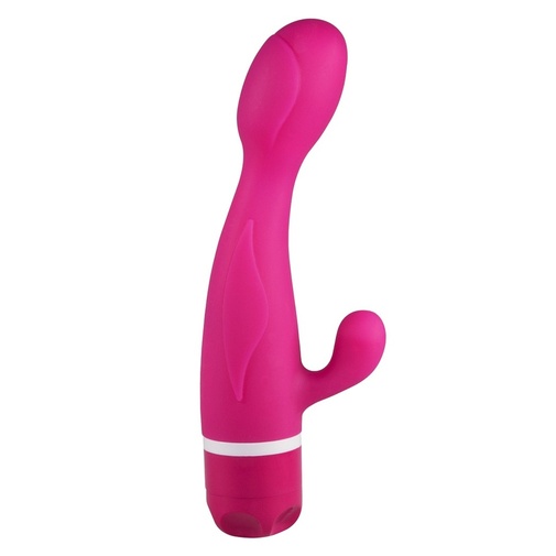Silikonový vibrátor se zvlněným povrchem a velkou kulatou špičkou se stimulátorem klitorisu.