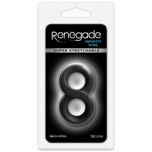 Černý dvojitý kroužek na penis a varlata Renegade Infinity Ring v balení.