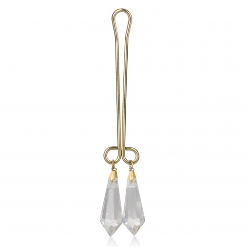 Zlatá ozdobná svorka na klitoris ve zlaté barvě s dvěma průhlednými krystalky – Crystal Clit Jewelry.