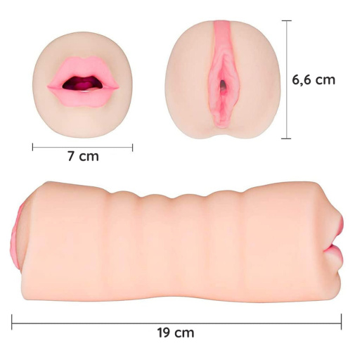 Oboustranný masturbátor pro muže s vagínou a ústy vyrobený z realistického materiálu, který se podobá ženské pokožce.